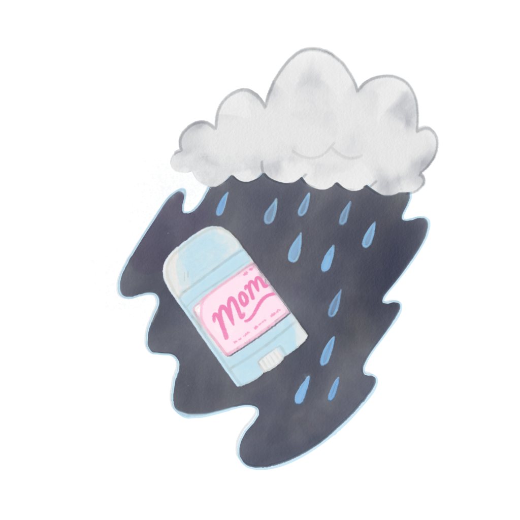 Illustration of Tasha's mom's deodorant and rain