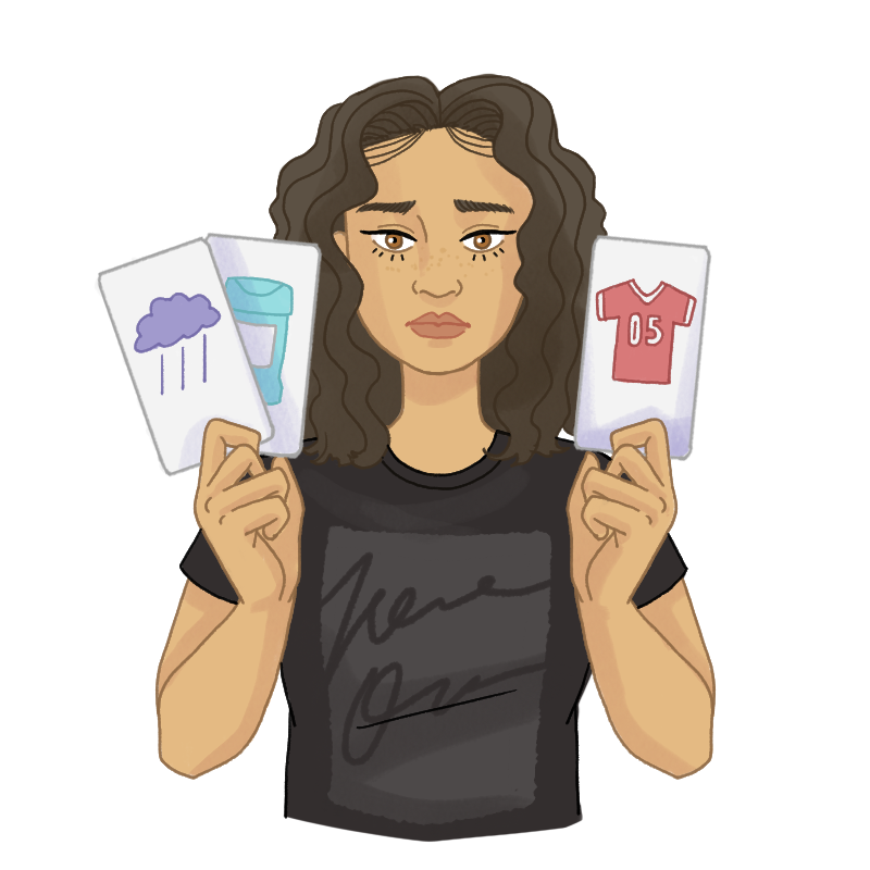 Illustration of Tasha holding images of her cues