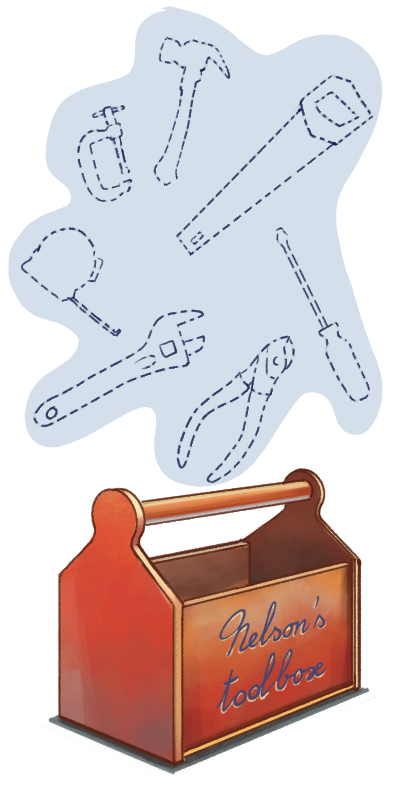 Illustration of Nelson's toolbox, which isn't yet equipped with coping tools