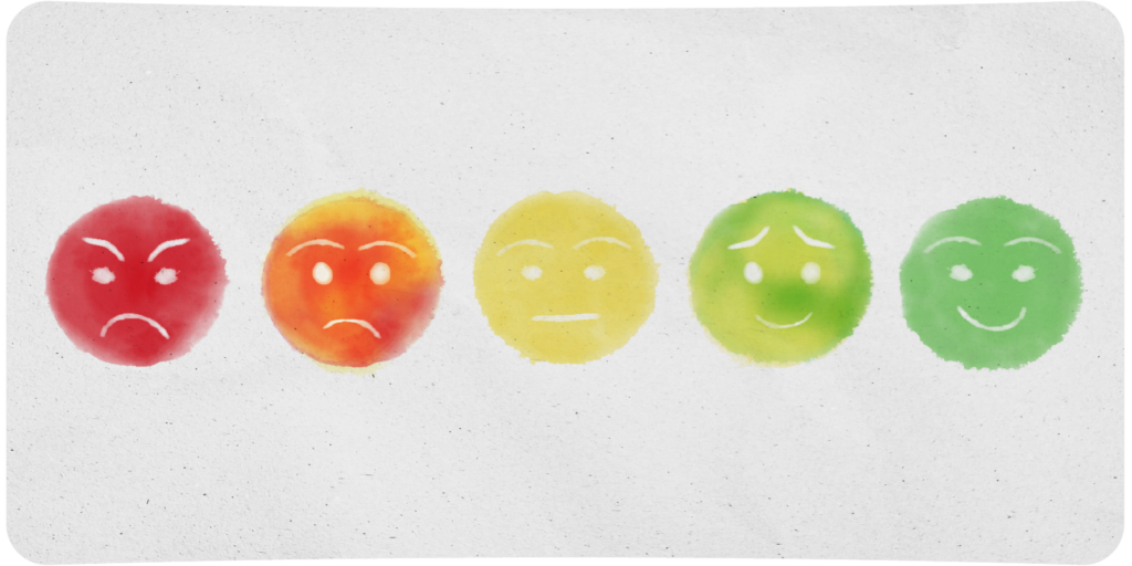 5 faces ranging from bad to good, colored red, orange, yellow, yellow-green, and green