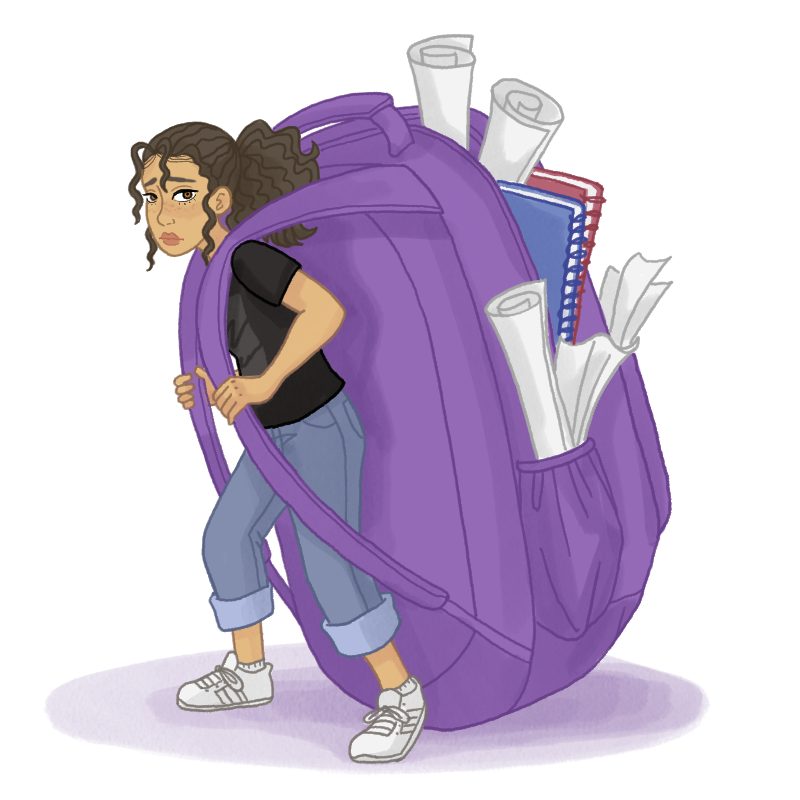 Tasha with overloaded backpack demonstrating concept of allostatic load