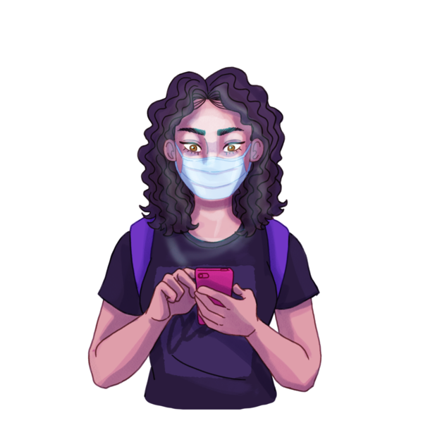 Animation of Tasha on cell phone reading about stressful events in society