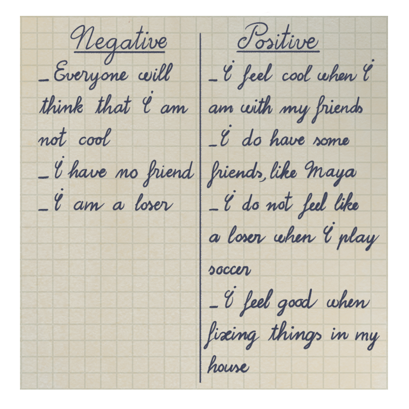 A list of negative thoughts and a longer list of positive thoughts on a piece of paper