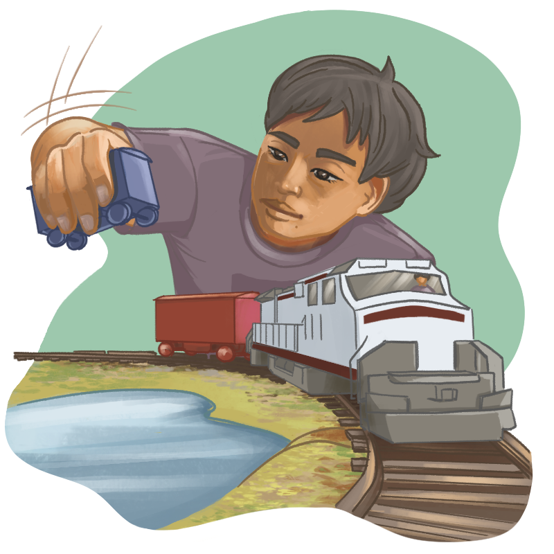 Illustration of Nelson inserting a train car representing a positive thought